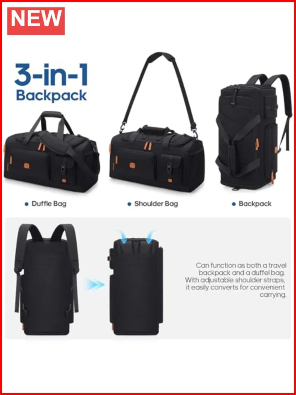 3-in-1 Duffel with Shoe & Laptop Compartment, Anti-Theft Travel Backpack